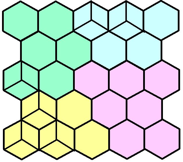 The figure shows a grid of 23 hexagonal cells in five lines, some with sectors, with four or five cells per line. In the left upper corner six cells are colored green, in the left lower corner five cells are colored yellow, in the right upper corner five cells are colored blue, the remain-ing seven cells in the lower right corner are colored pink.